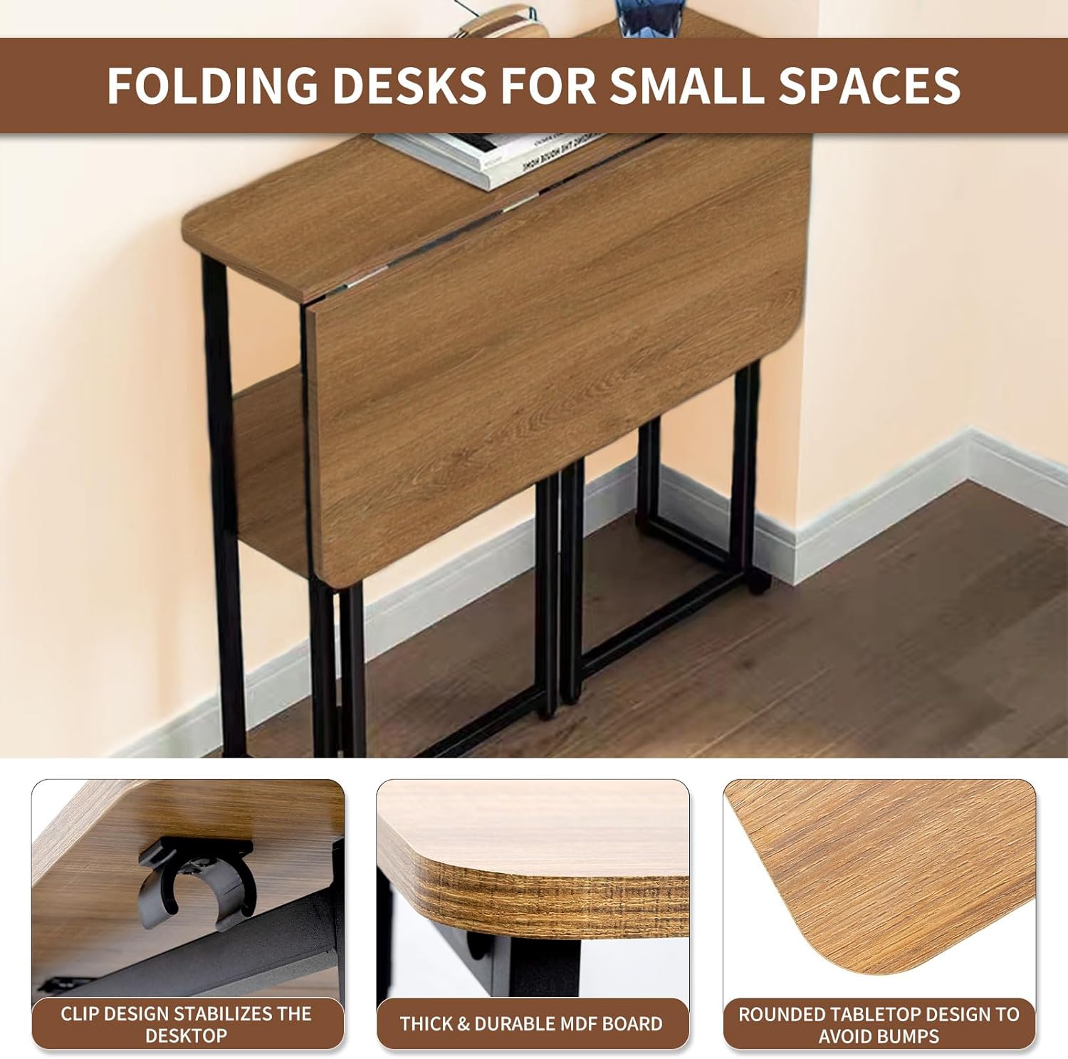 Mobile Foldable Desk w/ 6 Wheels,Portable Rolling Small Computer Desk w/Storage Shelves, Folding desks for Small Spaces, Computer Table for Home Office Bedroom Living Room-Brown