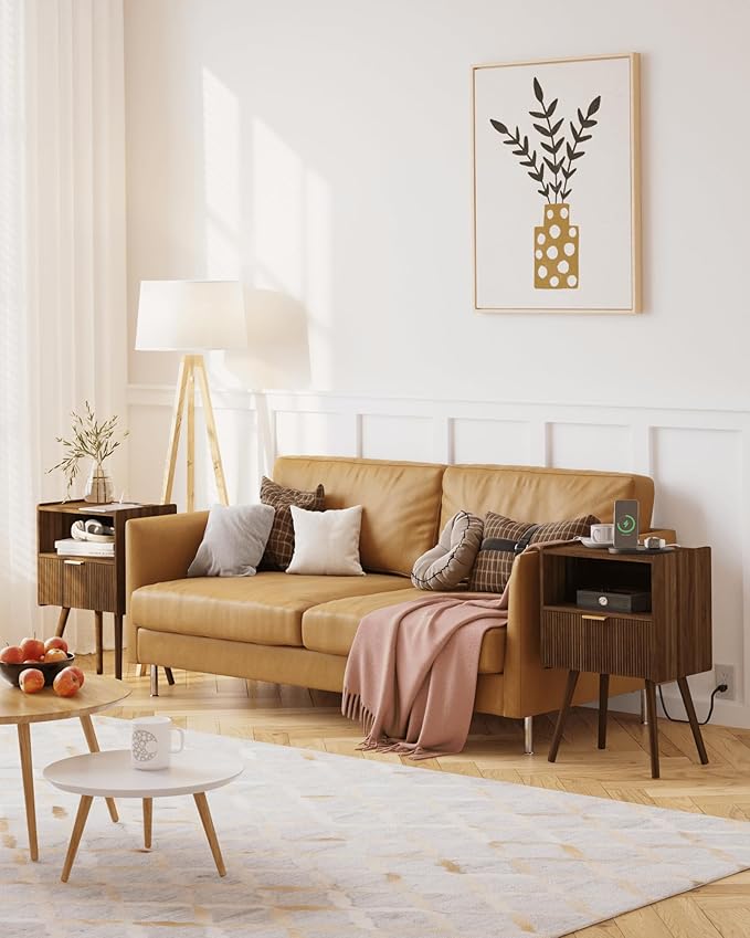 Nightstand with Outlet,Modern Bedside Table with Storage Drawer and Open Wood...