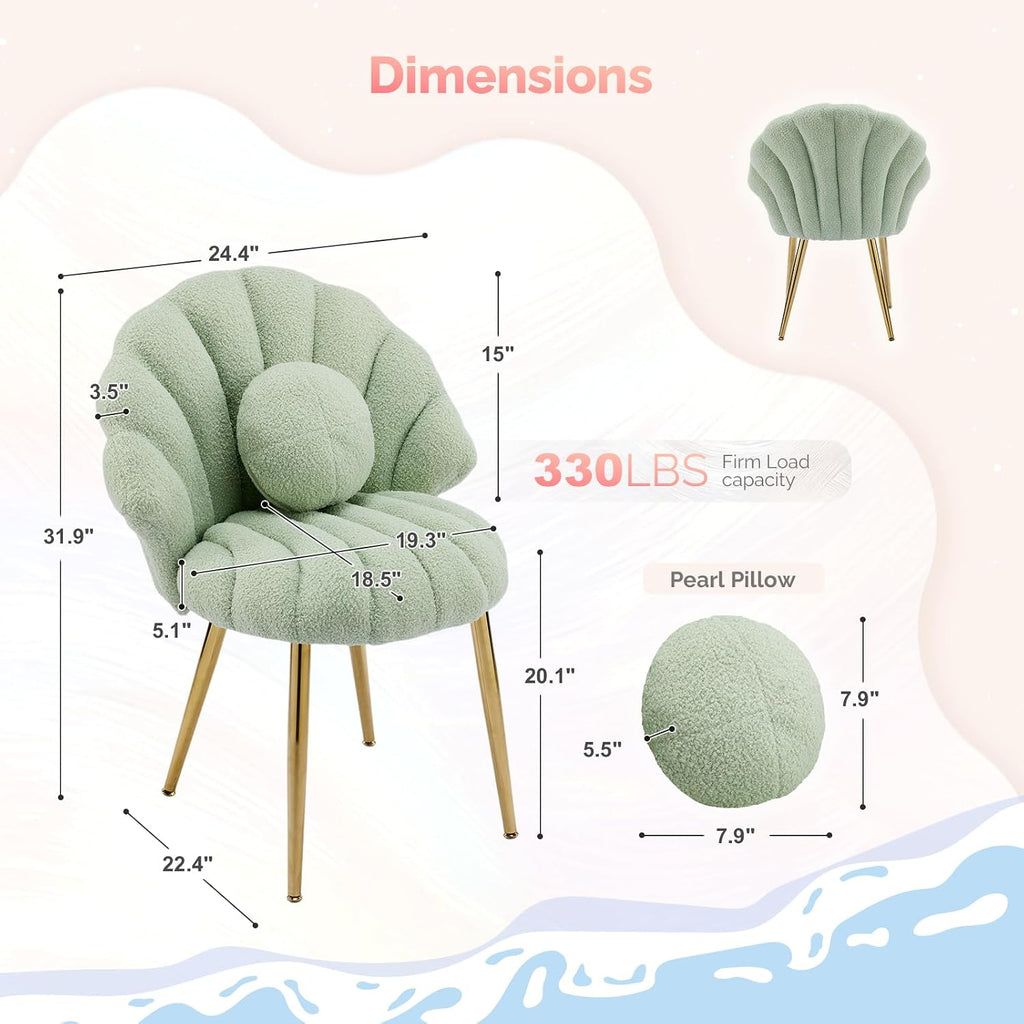 VINGLI Shell-Shaped Teddy Fleece Accent Vanity Chair with Back,Comfy Green and Gold Desk Chair No Wheels,Cute Small Pearl Deco Pillow,Gift for Girls/Women,for Makeup,Office,Dining,Nail,Sewing,Bedroom
