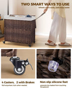 GREENSTELL Laundry Hamper with Wheels&Lid, 130L Large 3 Sections Clothes Hamper with 2 Types Removable Liner Bags, 5 Mesh Laundry Bags, Handwoven Divided Laundry Basket Brown