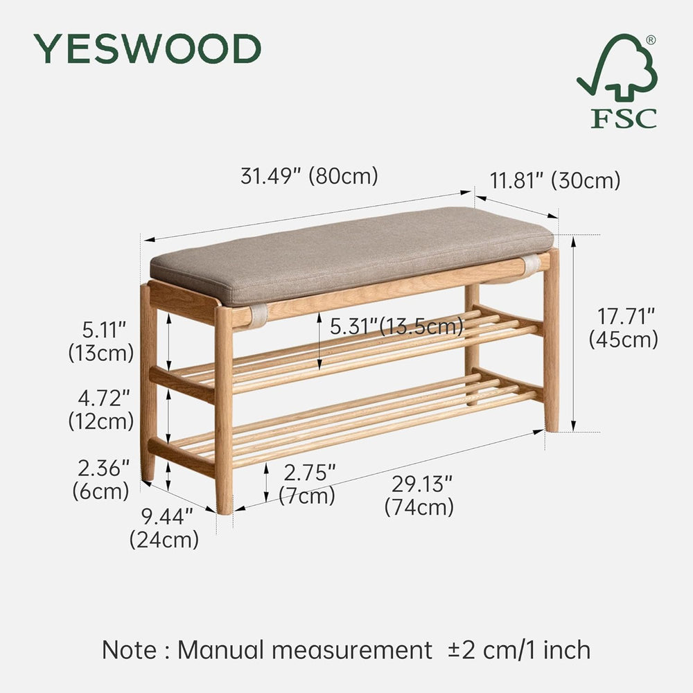 YESWOOD Solid Wood Shoe Bench Assembled, Shoe Rack Bench with Cushion for Ent...