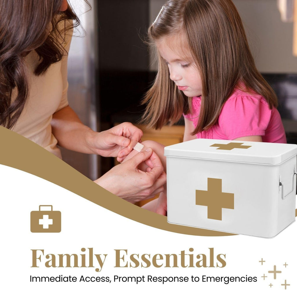 Flexzion First Aid Box Organizer Empty 13" White Vintage First Aid Kit Tin Metal Medical Box - First Aid Storage Box Container Bins with Dividers, Removable Tray and Gold Cross Logo