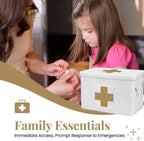 Flexzion First Aid Box Organizer Empty 13" White Vintage First Aid Kit Tin Metal Medical Box - First Aid Storage Box Container Bins with Dividers, Removable Tray and Gold Cross Logo