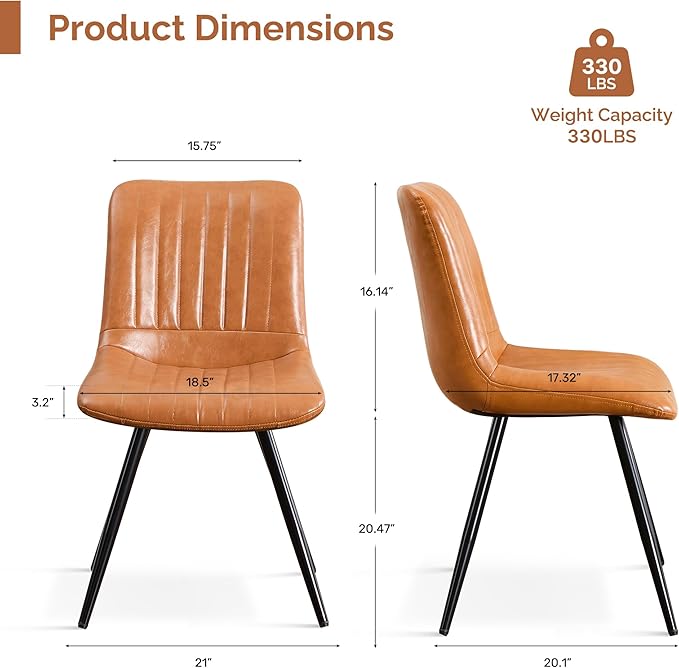 Dining Chairs Set of 2, Modern Dining Chairs with Thick Cushions, PU Leather Upholstered Kitchen Dining Room Chairs with Metal Legs for Dining Living Room (Caramel)