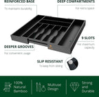ROYAL CRAFT WOOD Luxury Bamboo Kitchen Drawer Organizer - Silverware Organizer - Utensil Holder and Cutlery Tray with Grooved Drawer Dividers for Flatware and Kitchen Utensils (9 Slot, Black)