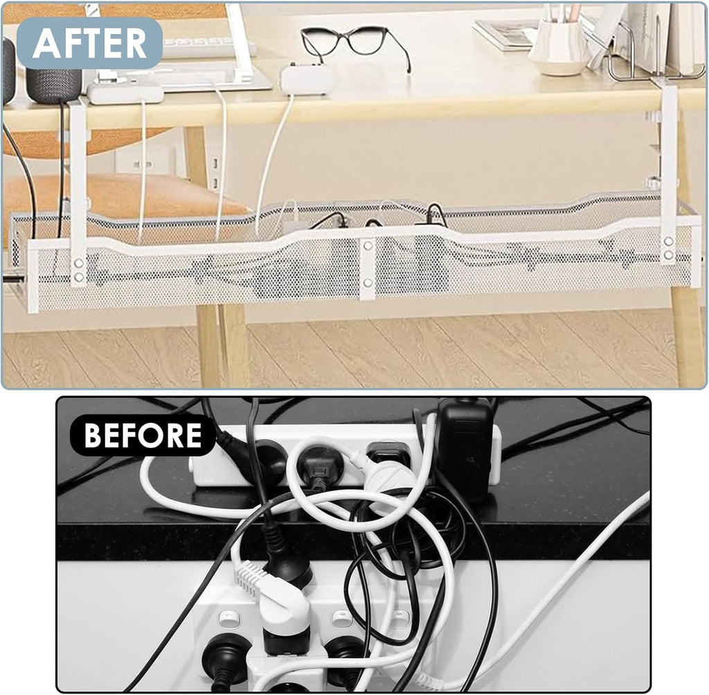 Cable Management, 25'' Cable Management Under Desk No Drill, Metal Cord Organizer with Clamp for Standing Desk, Cable Organizer for Home Office, White