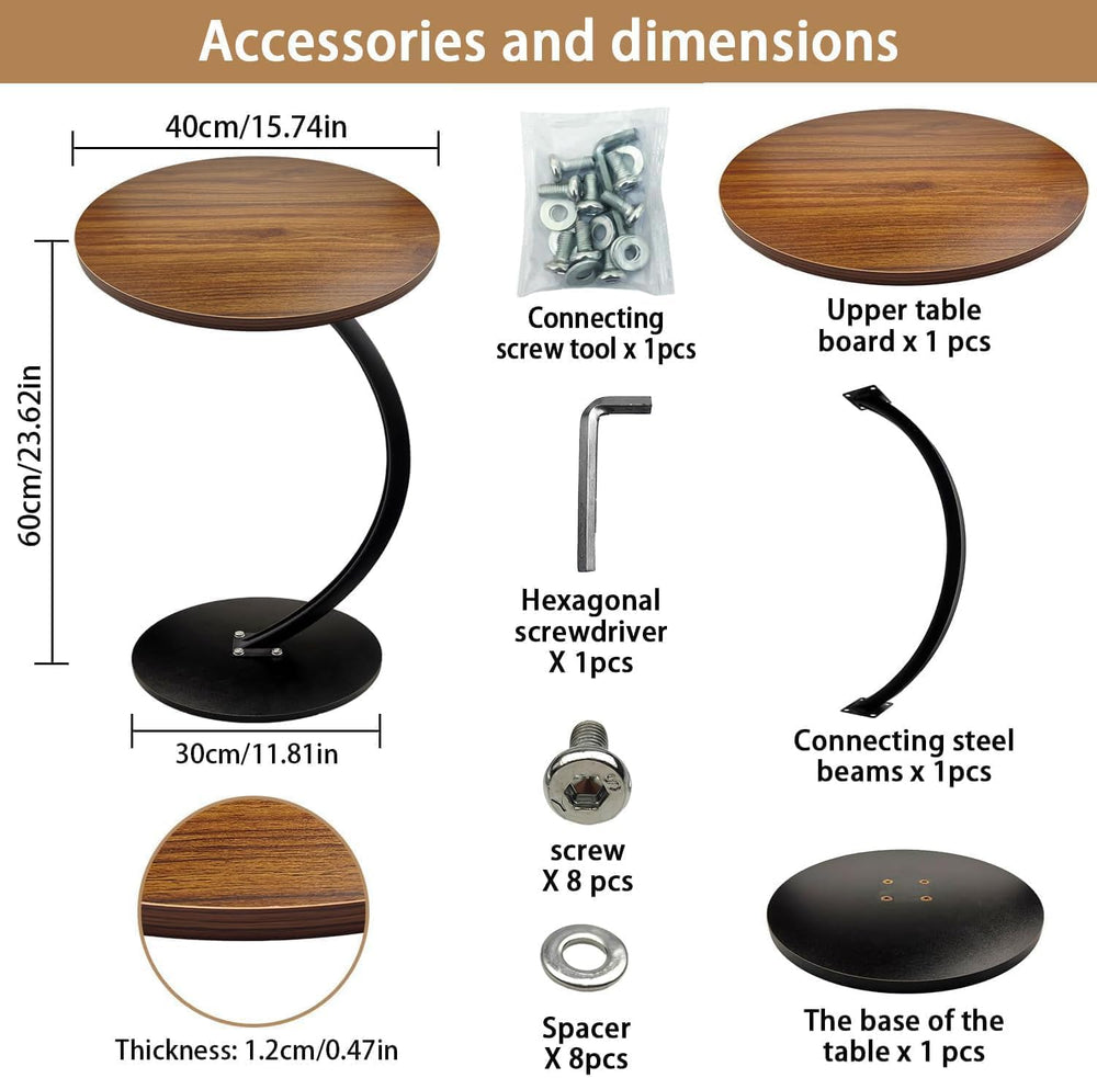 C-Shaped Side Table, Round End Table with Wooden Top & Metal Frame, Compa...