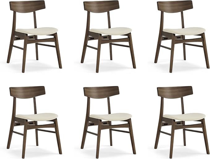 Wooden Dining Chairs Set of 6, Upholstered Modern Dining Room Chairs, Mid Century Oak Kitchen Chairs with Curved Wood Backrest for Kitchen, Restaurant, Farmhouse (Cream Fabric & Walnut Color)