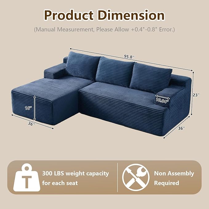96.1" Modular Sectional Sofa Couches L-Shape Couch 3 Seat Modular Sofa Corduroy Memory Foam Sectional Boneless Couches for Living Room, Cloud Couch with Oversized Chaise(Blue, Left Facing)