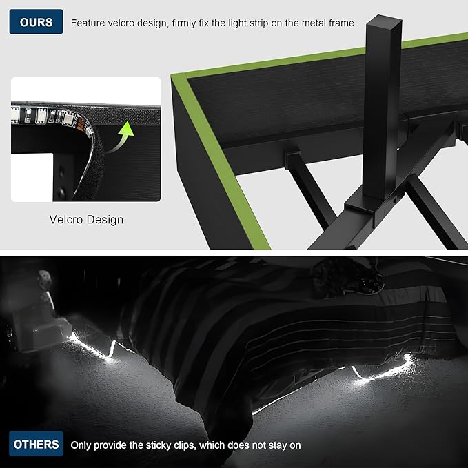 Feonase Floating Bed Frame King with Led Lights and Charging Station, Wood Full Size Bed Frame with Storage Headboard, Heavy Duty Metal Slats, No Box Spring Needed, Easy Assembly,Black