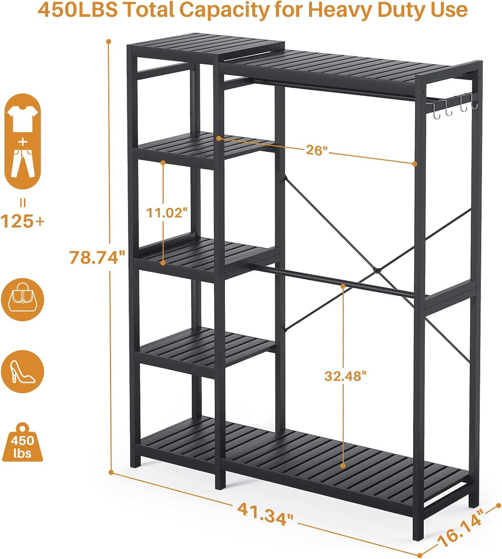 Homykic Bamboo Closet System, 41.4” Wide Clothing Rack, 78.8”H, Dark Black