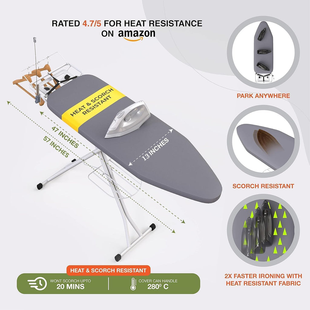Xabitat Full Size Ironing Board 57" X 13" with Wall Mount Hanger, Full Metal Construction Iron Board, Built in Iron Caddy, Heat & Scorch Resistant Fabric, Cord Holder, Anti-Skid Feet, Heavy Duty