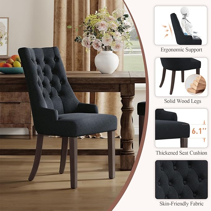 COLAMY Wingback Upholstered Side Dining Room Chairs Set of 4, Fabric Dining Chairs with Tufted Button, Living Room Chairs for Home Kitchen, Black
