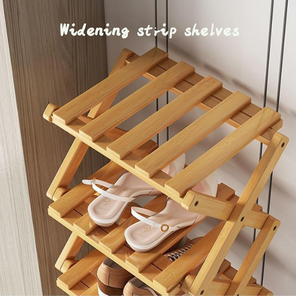 2-10 Tiers No-Assembly Bamboo Rack, No-Tool Assembly, Foldable Storage Shelf, Vertical Shoe Organizer for Small Spaces, The 9-Tier No-Assembly Bamboo Rack (Natural,10 Tier)