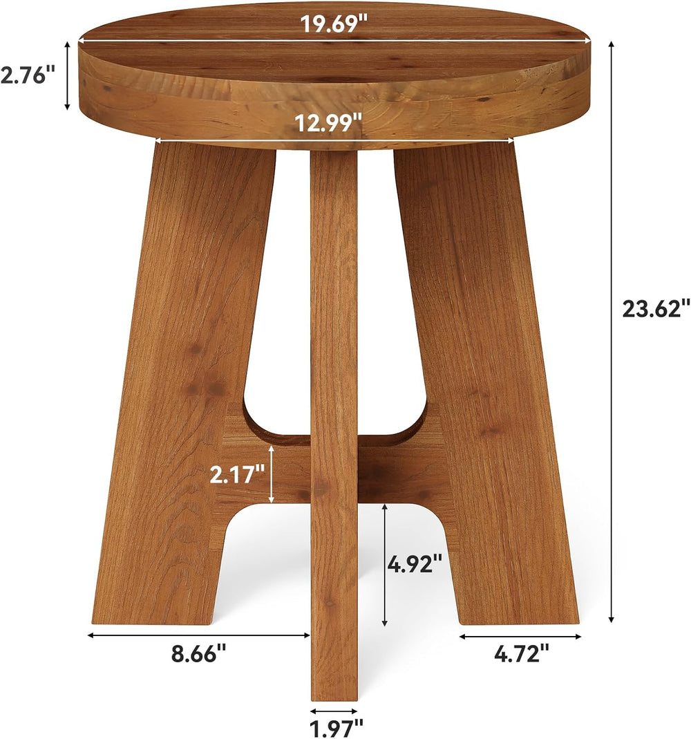 Round Side Table, Farmhouse Solid Wood End Table for Couch, Mid Century Moder...