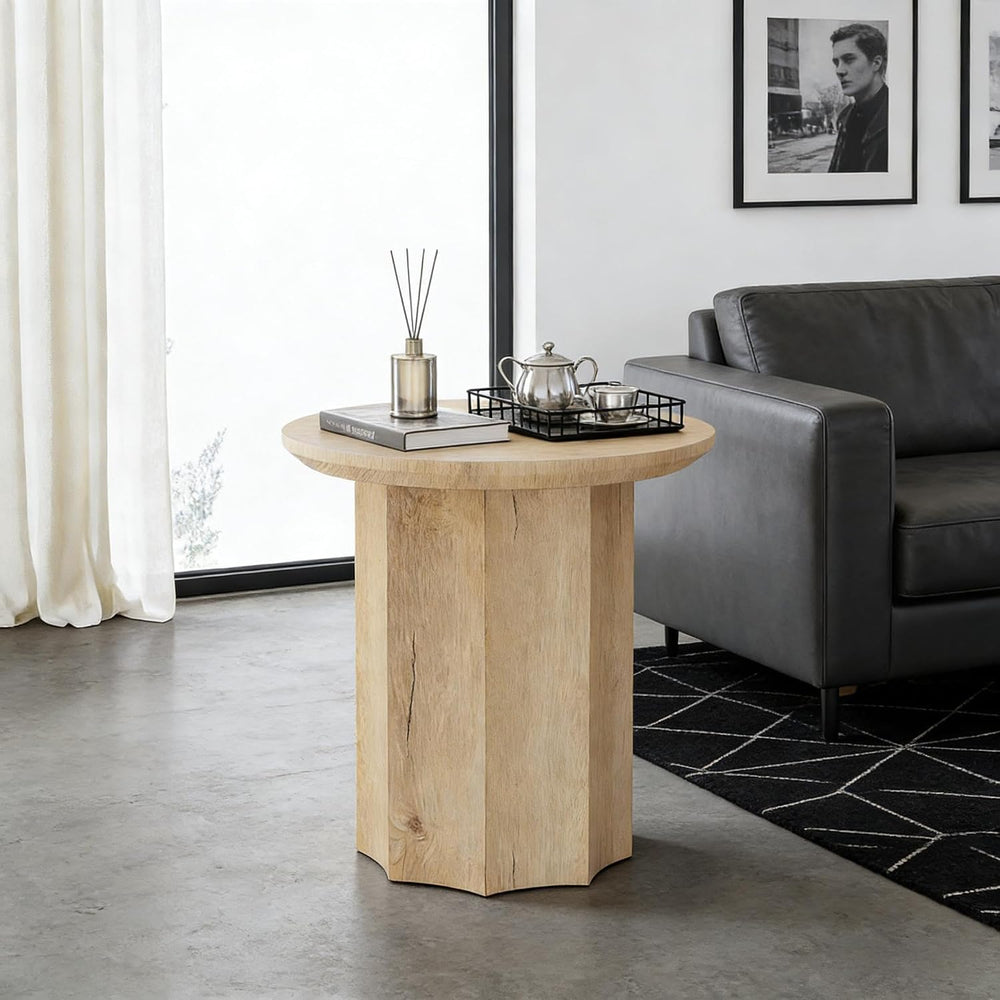 Round End Table, Modern Farmhouse Side Table with Vertical Slatted Base &...
