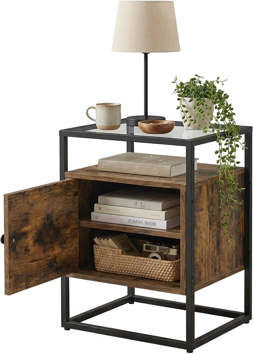 Side Table with 2 Tier Storage Cabinet, Small End Tables Wood Solid with Glas...