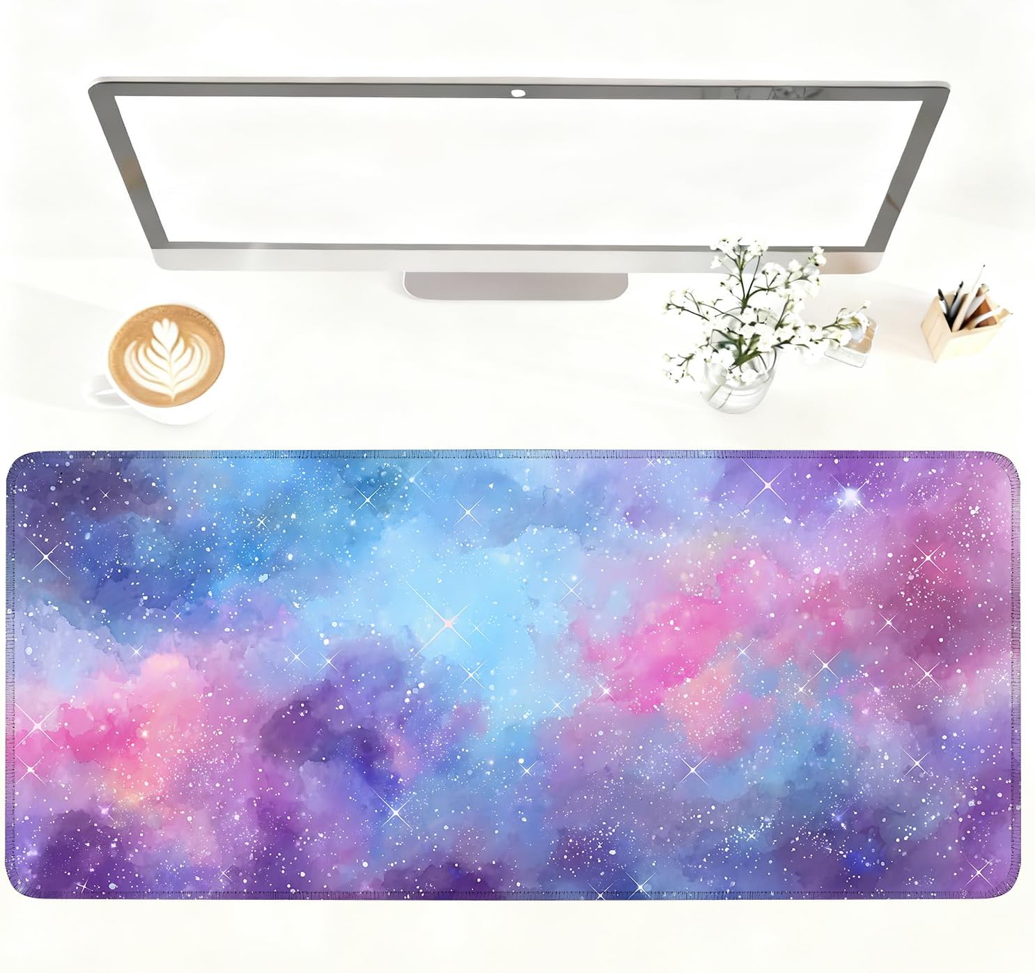 Galaxy Mouse Pad Large, Extended Gaming Desk Mat – 335.43 x 15.75 in – Watercolor Nebula Starry Sky Design, Stitched Edges, Non-Slip Base, Keyboard and Mouse Pad for Office & Home