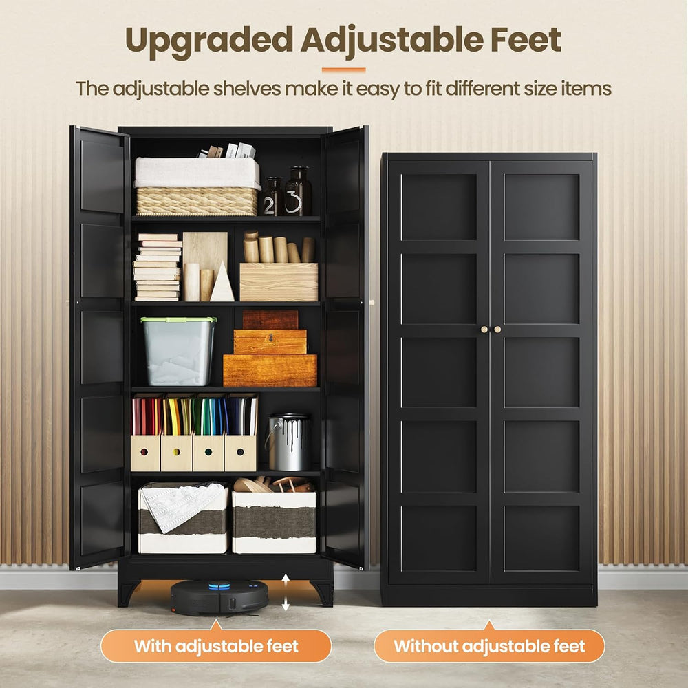 Yizosh Metal Pantry Cabinet,- 72" Black Kitchen Pantry Storage Cabinet w...