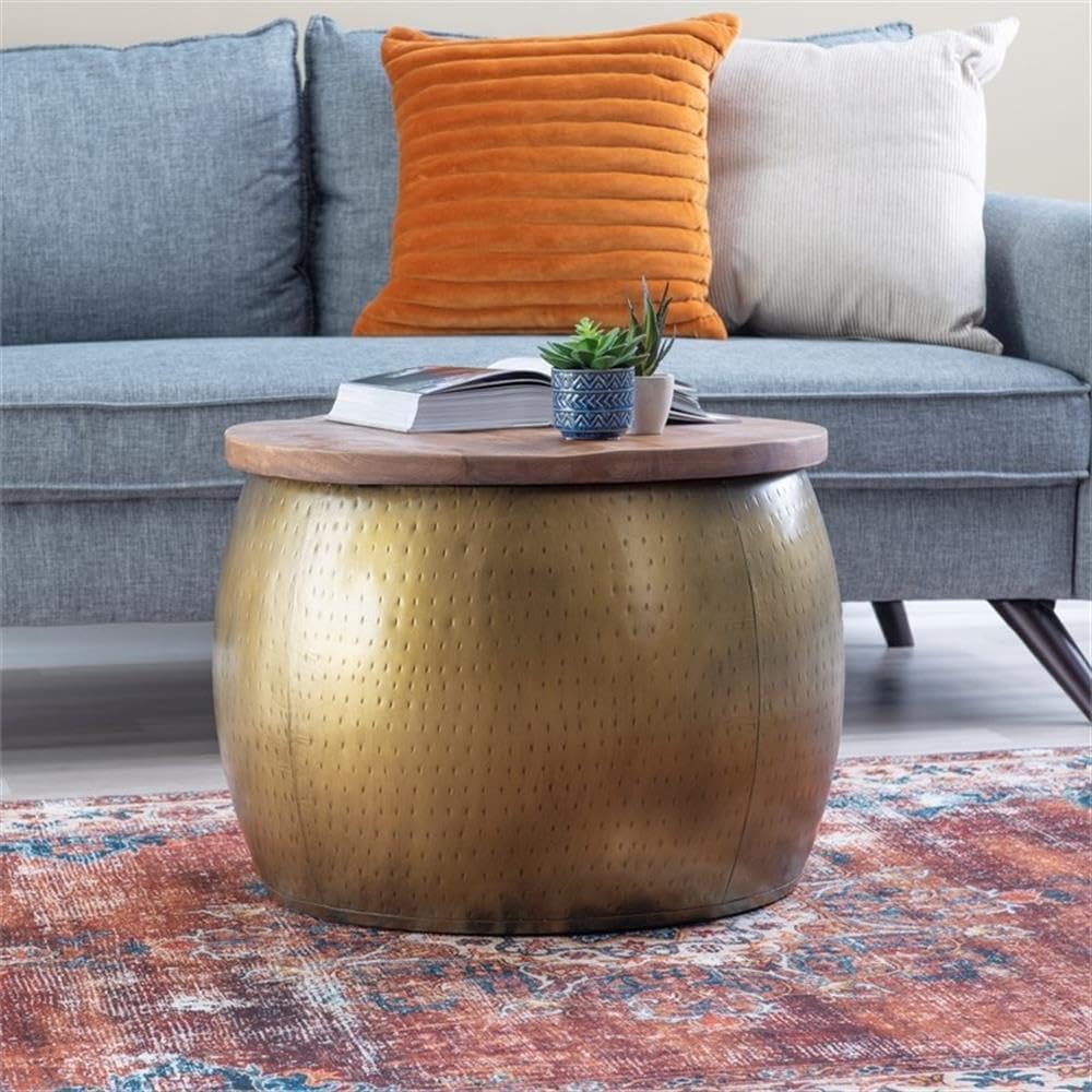 MAKLAINE Large Hammered Metal Drum Table with Storage, Brass Finish, Solid Ma...