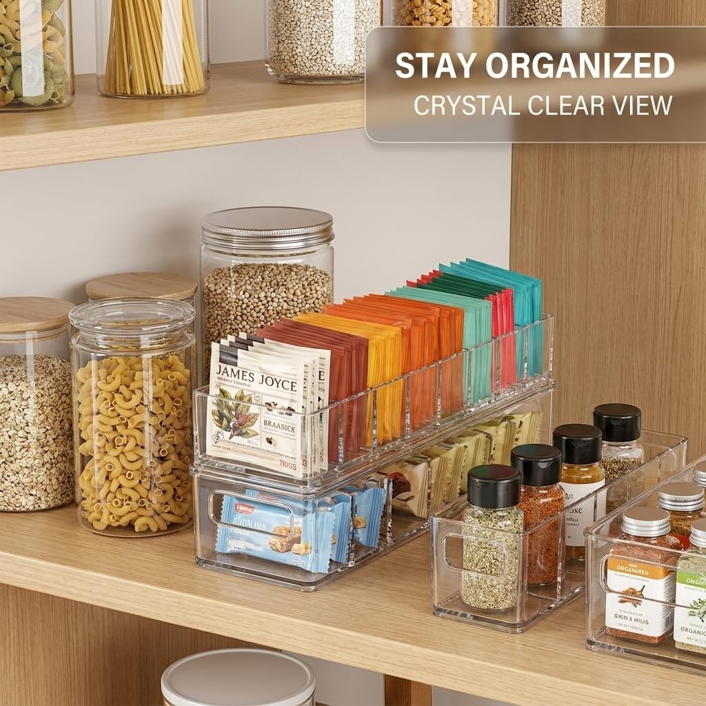 Tea Bag Organizer Box with Compartments, Tea Storage Container for Kitchen Countertop, Clear Tea Holder for Tea Bags, Coffee, Sugar Packets, Pantry Organizer