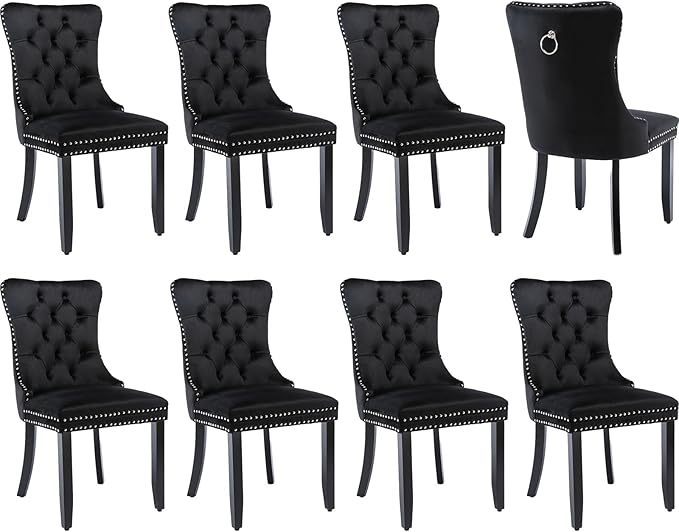 Modern Dining Chairs Set of 8, Tufted Upholstered Dining Chair with Solid Wood Legs, Black Velvet Accent Chair, Sillas de Comedor, Kitchen & Dining Room Chairs (Black, Velvet, 8Pcs)