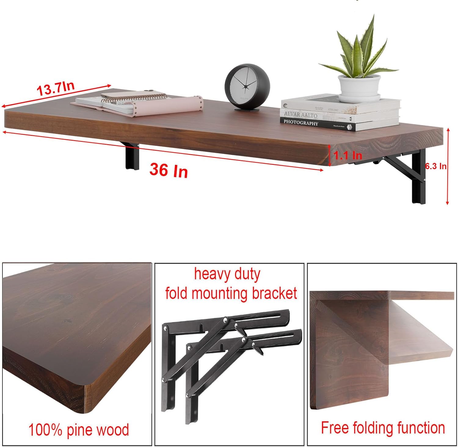IAE Wall Mounted Folding Table with Pine Wood,36" x 14" Floating Wall Desk,Laundry Folding Table with Shelf Brackets,Fold Down Desk Shelf,Fold Workbench for Apartments,Home,Laundry Room,Kitchen,Brown