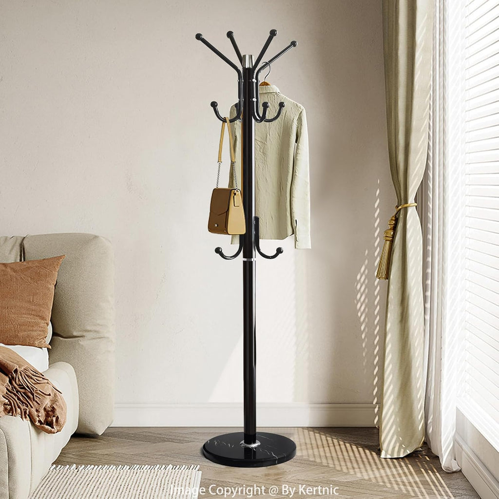 Kertnic Modern Coat Rack Freestanding with Natural Marble Base & Sturdy Metal Frame, 11 Hooks Hall Tree for Jackets, Hats, Bags, Entryway Organizer for Bedroom, Living Room, Closet (11 hooks-Black)