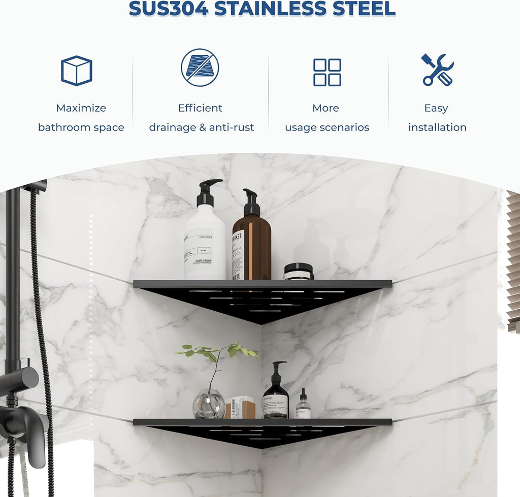 FerdY 2-Pack 10" Matte Black Recessed Corner Shower Shelf, for Tiled Bathroom Walls, 304 Stainless Steel Floating Shower Shelf, Shower Caddy Storage Shelves, No Drilling Required, Striped Triangle