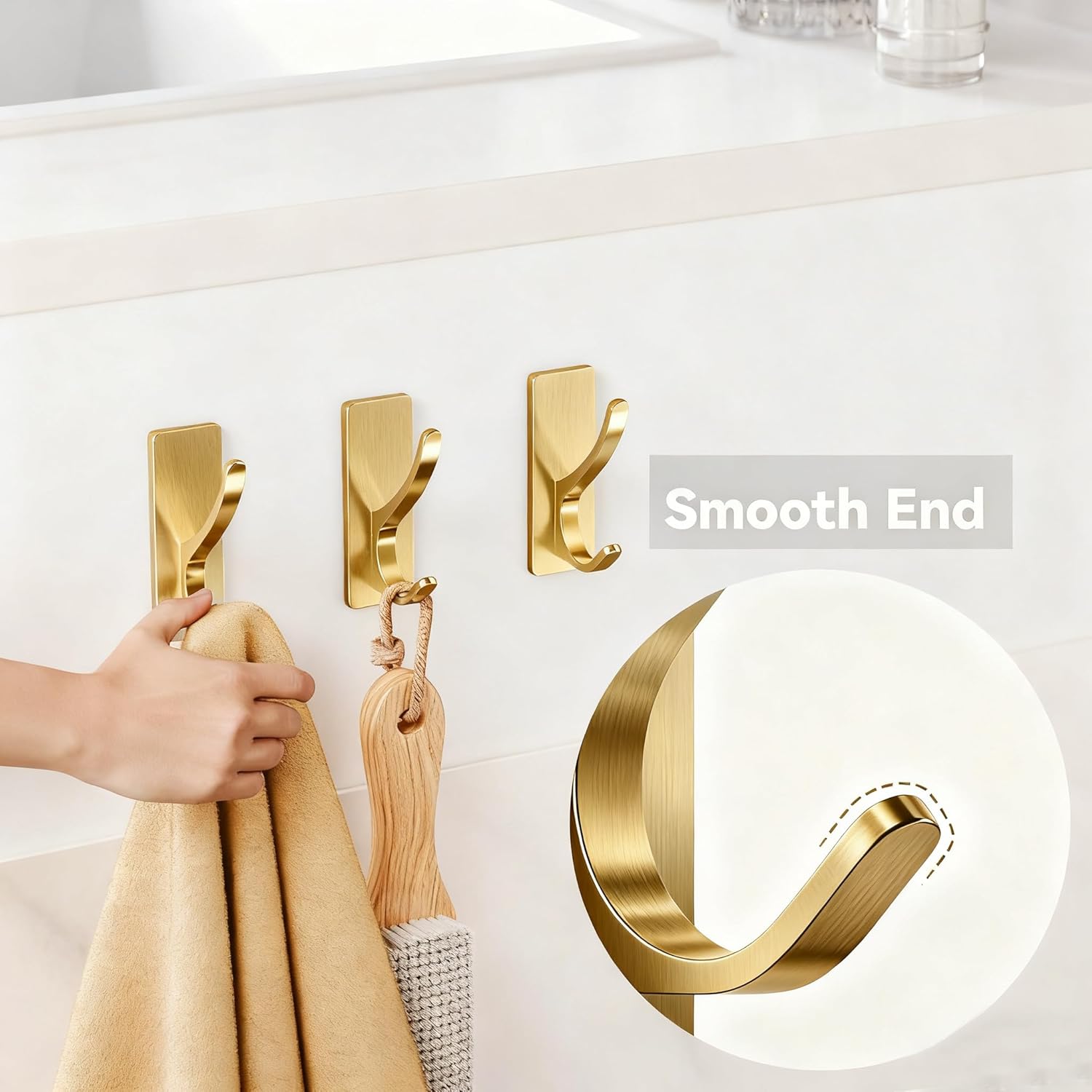 pickpiff 13 LB Self Adhesive Coat Hooks for Hanging: Heavy Duty Stainless Double Wall Hook for Towel, Backpack, Hat, Sturdy Metal Hanger for Bathroom, Bedroom, Door, Wall Mounted, 4-Pack, Brushed Gold