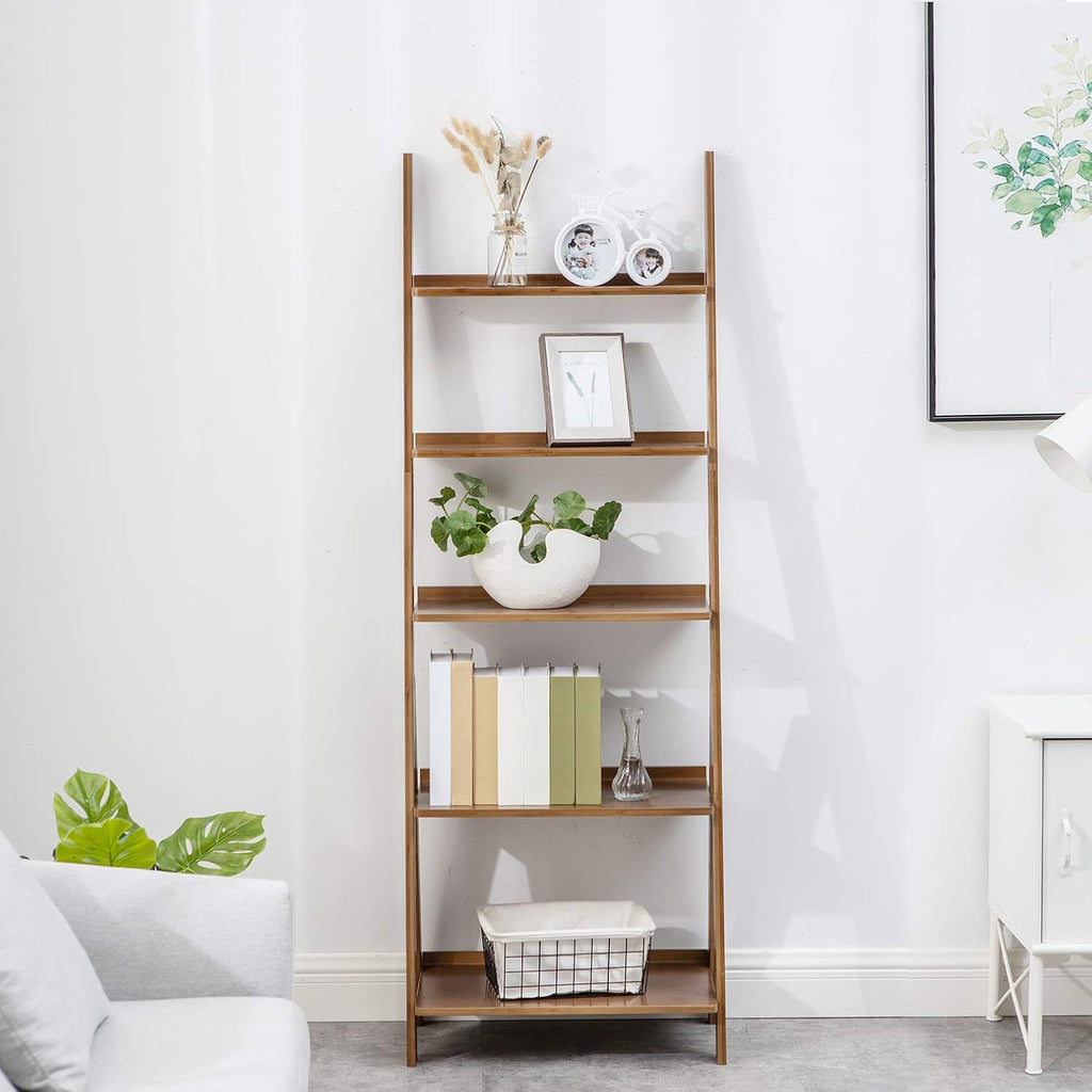 Bookshelf & Ladder Shelf &Storage Rack & Multipurpose Bamboo Organizer Shelves Furniture for Home Office, Living Room, Kitchen, Office 5 Tier （Brown）
