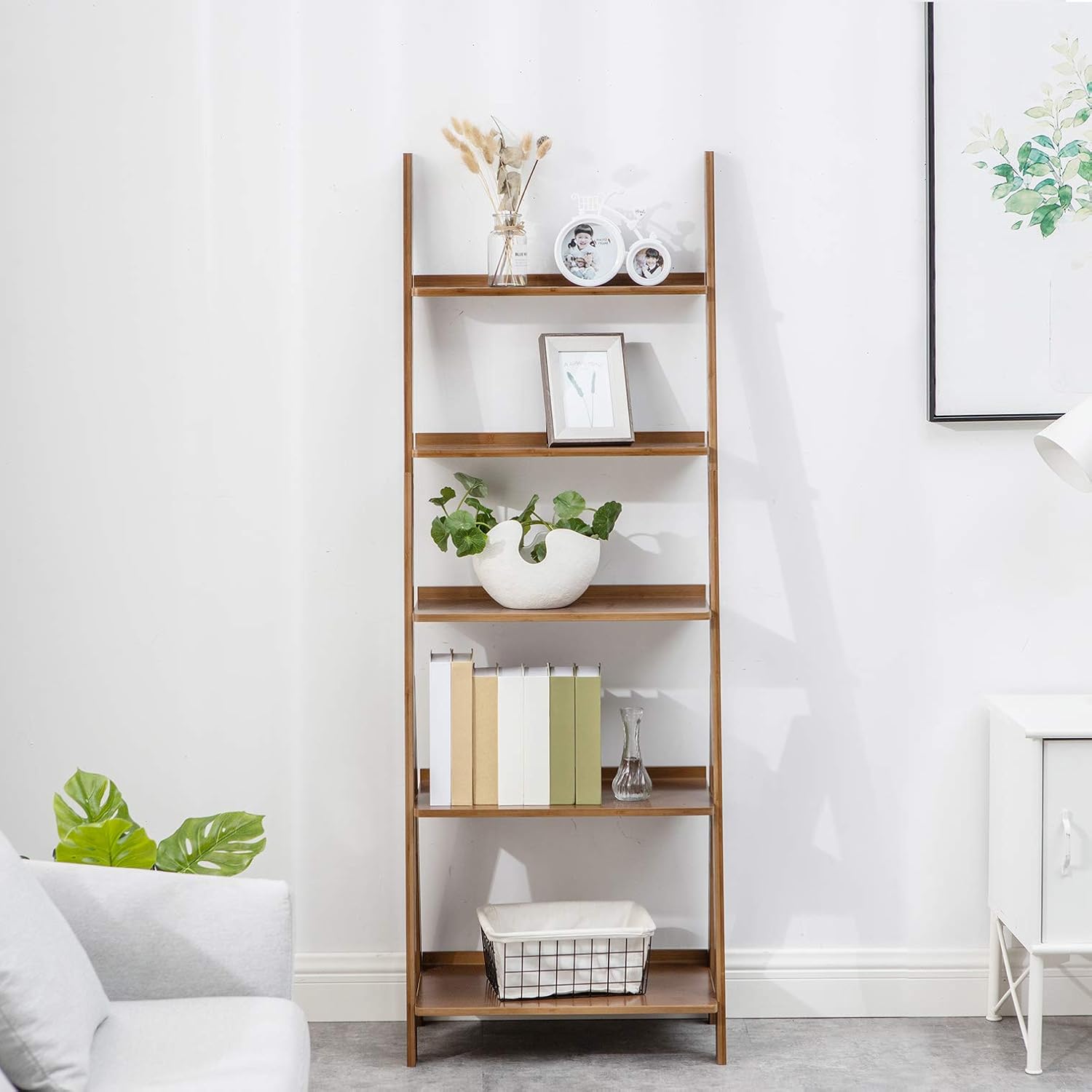 Bookshelf & Ladder Shelf &Storage Rack & Multipurpose Bamboo Organizer Shelves Furniture for Home Office, Living Room, Kitchen, Office 5 Tier （Brown）