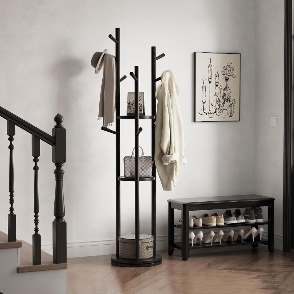 Muwuele Solid Wood Rotary Coat Rack, Freestanding Coat Rack with 3 Shelves an...