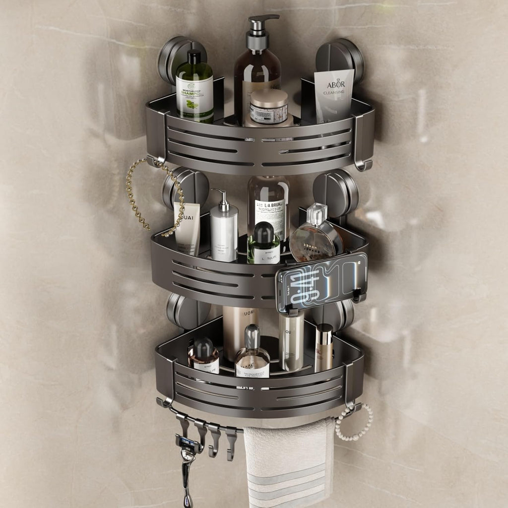 VOLPONE Corner Shower Caddy Suction Cup Shower Shelf Corner No Drilling Bathroom Shower Organizer Storage Rack Adhesive triangle with towel bar hooks 3 tier gray