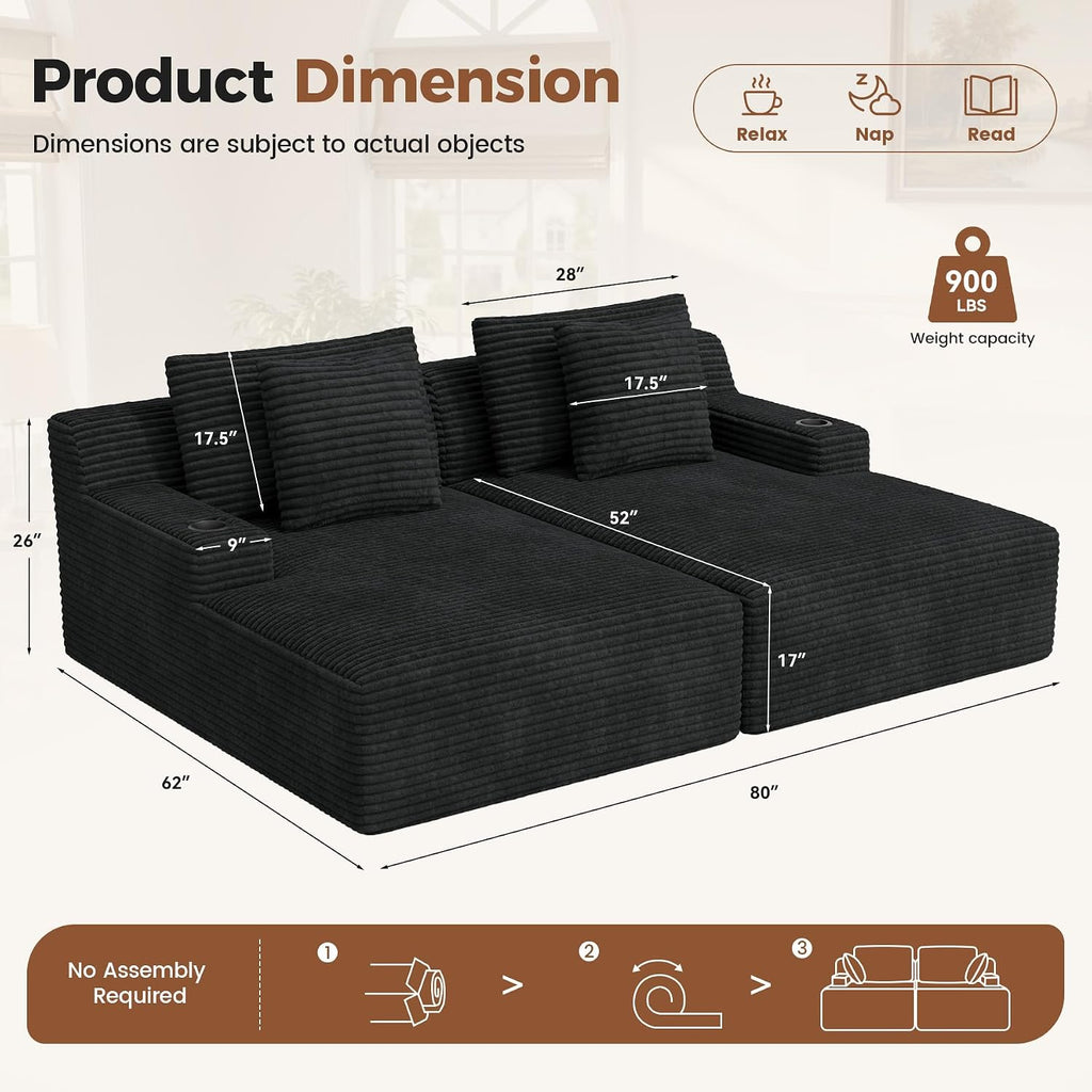 80'' Double Chaise Lounge Chair Indoor, Non-Assembly with Cup Holders 4pcs | Luxanimarion Deep Seat Sofa with Cup Holders Boneless Bed with 4pcs Pillows for Living Room Bedroom, Black- Corduroy