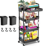 Goovilla 4 Tier Rolling Utility Cart Organizer with Removable Drawer, Stable and Sturdy Black Rolling Storage Carts with 2 Lockable Wheels for Bathroom, Kitchen, Snack, Craft, Makeup, Baby Essentials