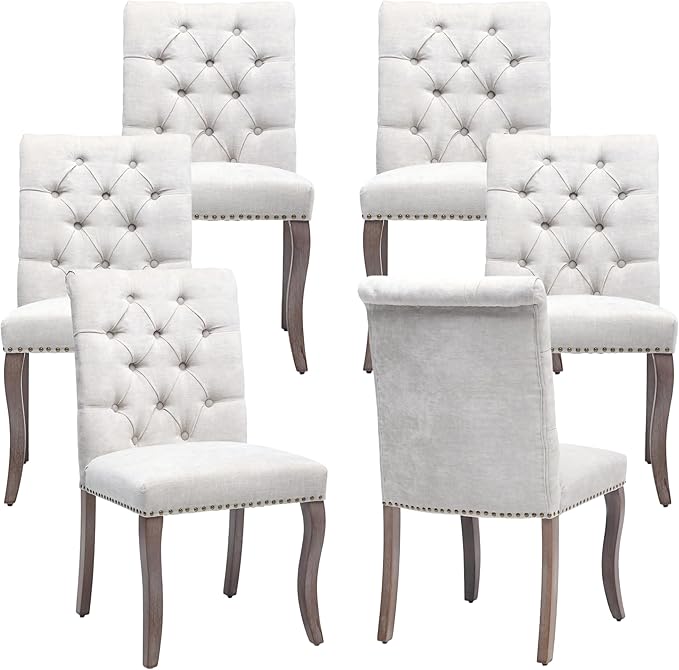 Upholstered Tufted Chenille Dining Side Chairs, Armless Nailhead Trim Chairs with Solid Wood Legs, Modern Farmhouse Chairs for Dining Room, Kitchen & Living Room (Set of 6, Beige)