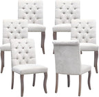 Upholstered Tufted Chenille Dining Side Chairs, Armless Nailhead Trim Chairs with Solid Wood Legs, Modern Farmhouse Chairs for Dining Room, Kitchen & Living Room (Set of 6, Beige)