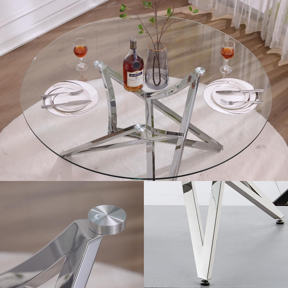 Glass Round Dining Table, 47.2" Modern Round Table with Silver Mirrored ...