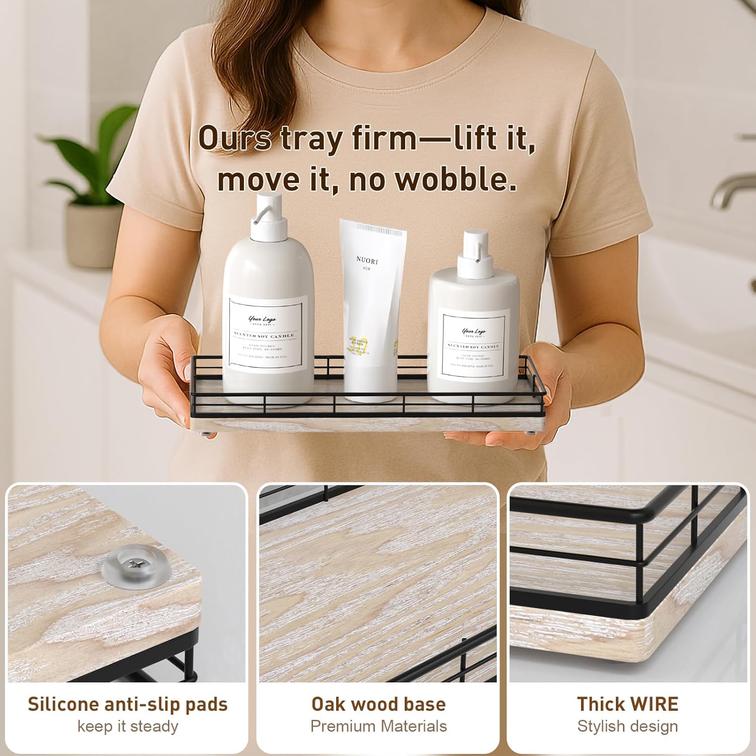 Bathroom Tray for Counter Top Organizer – Ash Wood Vanity Tray with Metal Frame for Dresser, Kitchen, Nightstand – Black & Whitewashed Decorative Storage