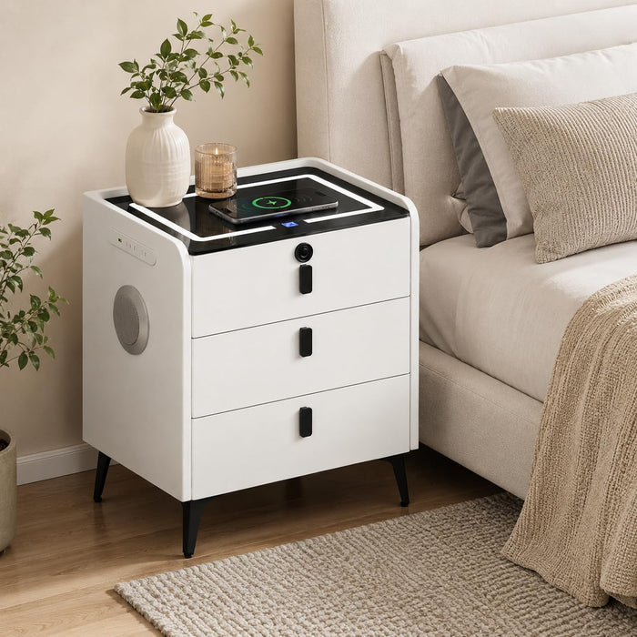 Smart Nightstand with Wireless Charging, with Fingerprint Lock Drawer, Night Stand with Charging Station,2 USB, LED Lights Bluetooth Speaker Side Table for Bedroom/Living Room (White)