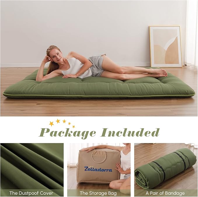 Japanese Floor Mattress, Futon Mattress with Portable Storage Bag and Washabl...