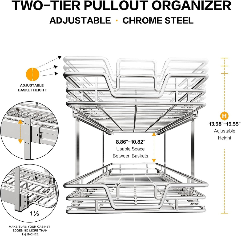 2-Tier Kitchen Cabinet Pull Out Shelf and Drawer Organizer Slide Out Pantry Storaqe Basket in Multiple Sizes (14" W x 21" D)