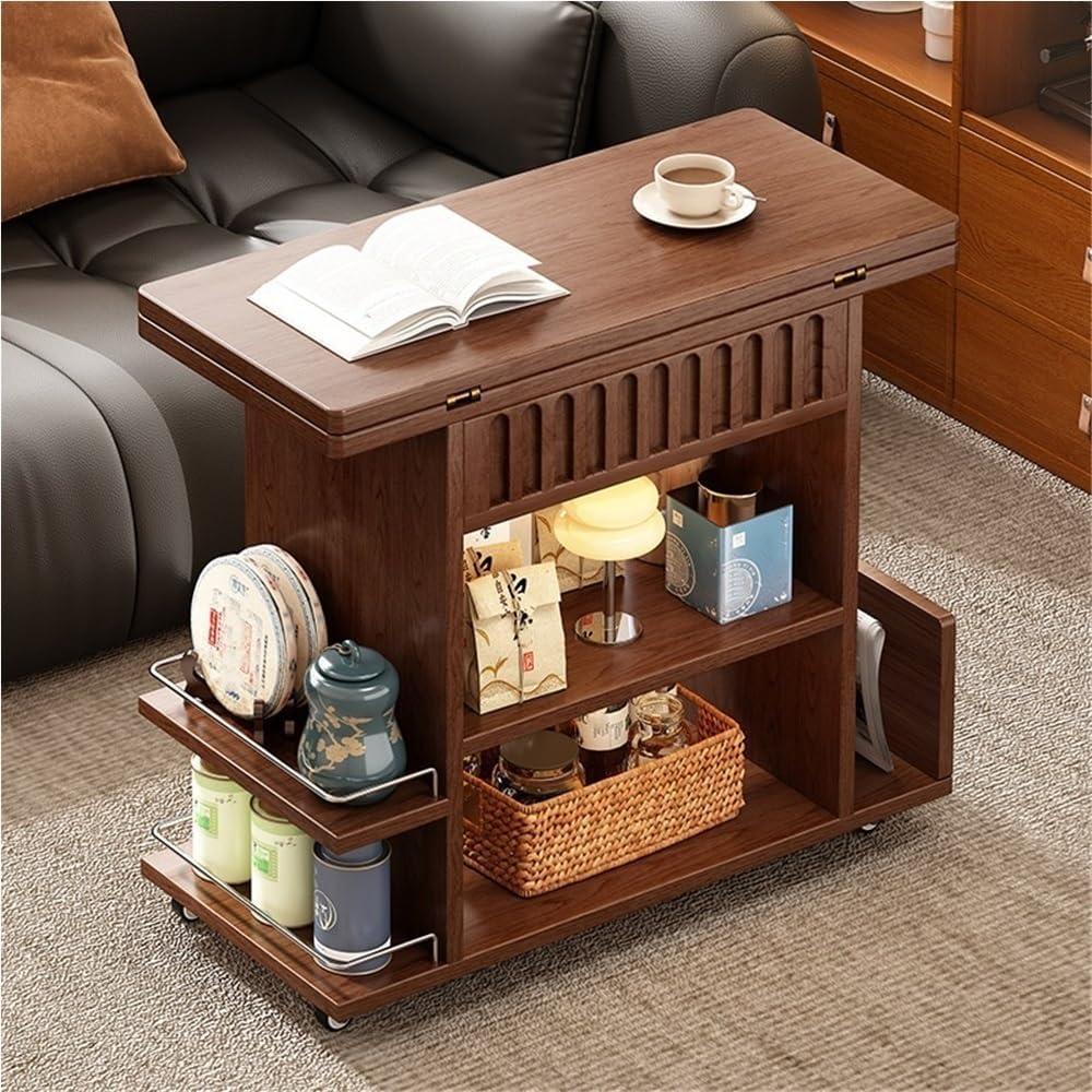 Wooden Side Table with Wheels, Large Capacity Storage End Table, 3 Tier Rolli...