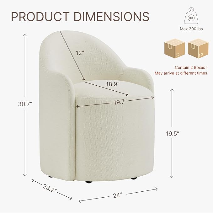 Upholstered Dining Chairs with Casters, No Assembly Modern Dining Room Chairs Accent Vanity Chair with 5 Wheels & Round Backrest for Bedroom, Living Room, Dressing, Linen Fabric, Set of 2