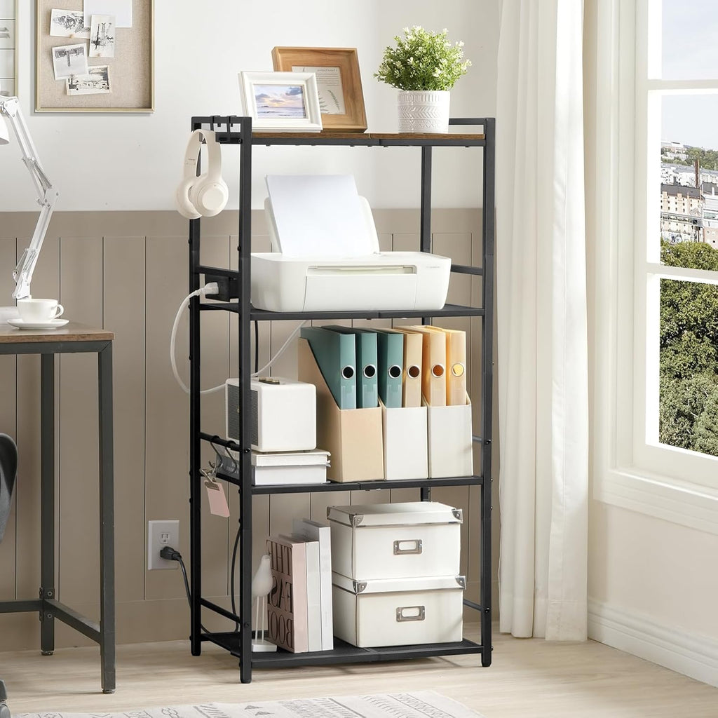 MAHANCRIS Bakers Rack with Power Outlet, Microwave Stand with Hooks, Multifunctional Storage Rack, Coffee Bar with Enclosure, Kitchen Storage Shelf, for Kitchen, Dining Room, Rustic Brown BRHR40E01N1
