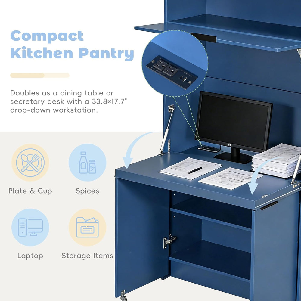 MERITLINE Compact Kitchen Pantry with Hutch and Foldable Workstation, Multifu...