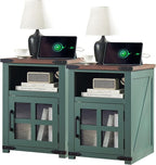 Farmhouse Nightstand with Charging Station, Rustic End Table with Tempered Glass Barn Door, Wood Sofa Side Bedside Table with Open Storage Shelf for Living Room, Bedroom, Green, 2 Pack