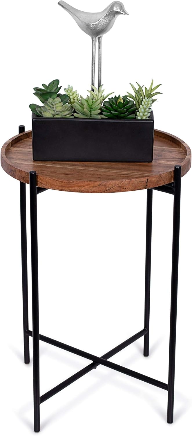 BIRDROCK HOME Folding Side Table with Removable Wood Tray - Modern Accent, Fo...