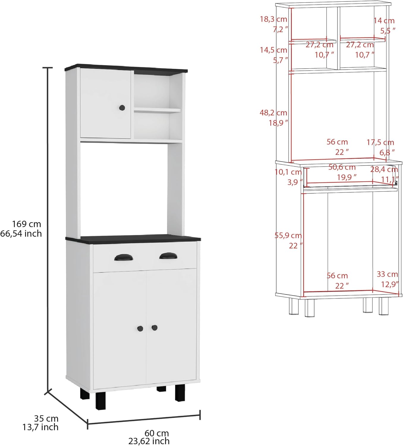 90" H Freestanding Kitchen Pantry with Drawer & 2 Open Shelves, Top Single Door & Lower Double Door, Black Legs, Rectangular Storage Cabinet, for Living Room, Dining Room, White